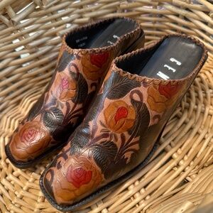 Size 10 Vintage CEM Brown Floral Leather Slip On Mules Clogs